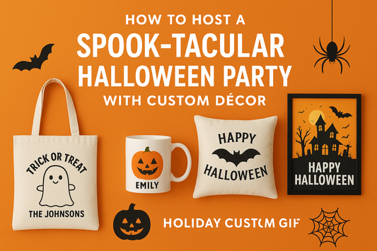 Wide promotional digital graphic of a Halloween party setup featuring personalized mugs, tote bags, throw pillows, and wall art with spooky designs in orange and black.