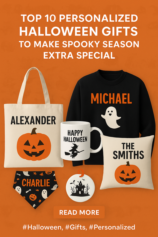 Promotional digital graphic showcasing personalized Halloween gifts including a tote bag, mug, sweatshirt, pillow, pet bandana, and ornament, all with custom names and festive designs, set against an orange background with spooky icons