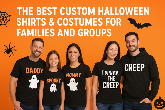 Wide digital graphic featuring families and groups wearing matching custom Halloween shirts with spooky designs, set in a festive orange-and-black party theme.